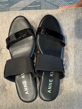 Anne Klein Black Patent Low Wedge Sandals